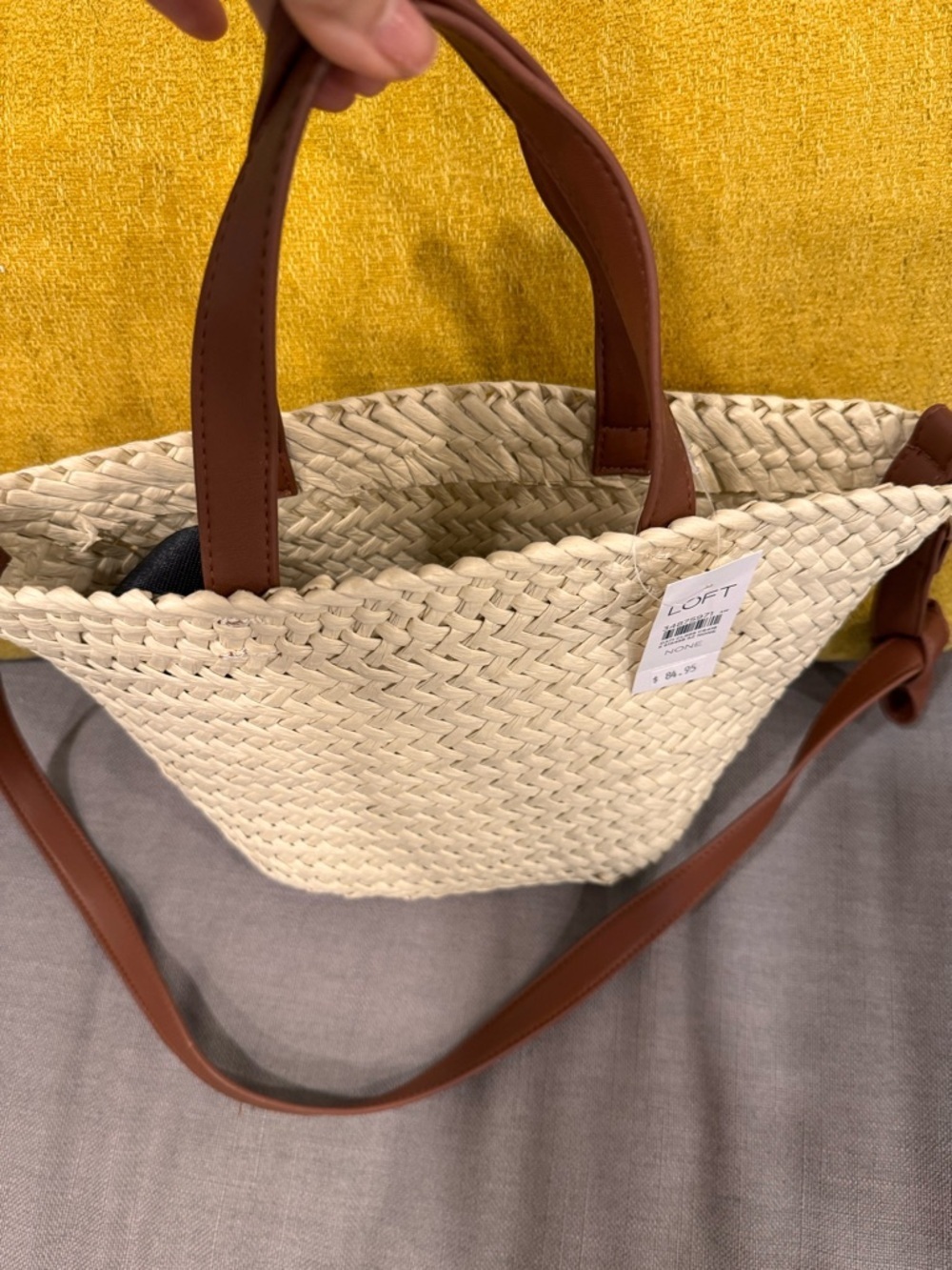 LOFT Cream Woven Crossbody Tote with Brown Leather Straps - Picture 2 of 4